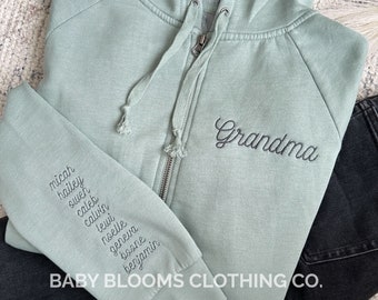 Customizable Grandma Embroidered Zip Hoodie Jacket | Grandkids Names, Hearts Date Established on Sleeve | Mother's Day | Gift for Grandma