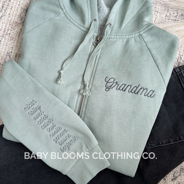 Customizable Grandma Embroidered Zip Hoodie Jacket | Grandkids Names, Hearts Date Established on Sleeve | Mother's Day | Gift for Grandma