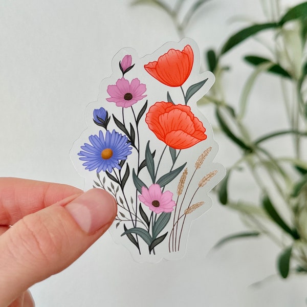 Clear Wildflower Bunch Sticker | Cosmos Aster Poppy | 3 inches | Floral Sticker for Laptop or Water Bottle