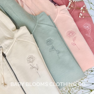Customizable Embroidered Birth Month Flower Zip Jacket | Bridal Party Bridesmaid Gift | Wedding Getting Ready Outfit | Bachelorette Outfits
