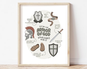 May include: A framed print featuring a hand-drawn illustration of the Armor of God. The artwork includes a helmet, breastplate, belt, sword, shield, and shoes, with the text "Put on the Armor of God, Ephesians 6:10-17." The words "digital download" are at the bottom.
