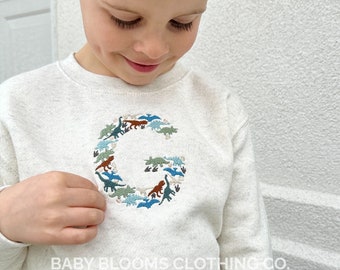 Dinosaur Initial Custom Embroidered Pullover Sweatshirt for Baby Toddler Kids | Dino Sweatshirt | Birthday First Day of School Shirt