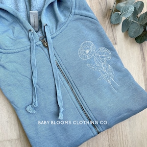 Custom Embroidered 2 Flower Birth Month Bouquet Zip Hoodie Jacket | Names or Date on Sleeve | Mother’s Day Gift | Bride Gift | Grandma Gift