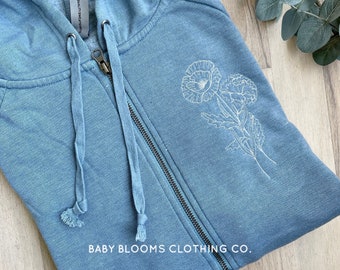 Custom Embroidered 2 Flower Birth Month Bouquet Zip Hoodie Jacket | Names or Date on Sleeve | Mother’s Day Gift | Bride Gift | Grandma Gift