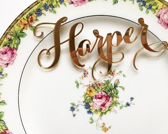 Gold Wedding Lasercut Name Cards in Mirror Acrylic for Table Setting