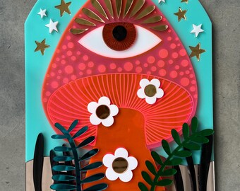 Psychedelic neon mushroom wall art