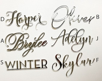 Silver Mirror Laser Cut Place Card Names for Wedding Party Table Seating
