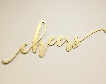 large laser cut cheers sign, calligraphy word wall sign, gold, silver, black, or white wall sign