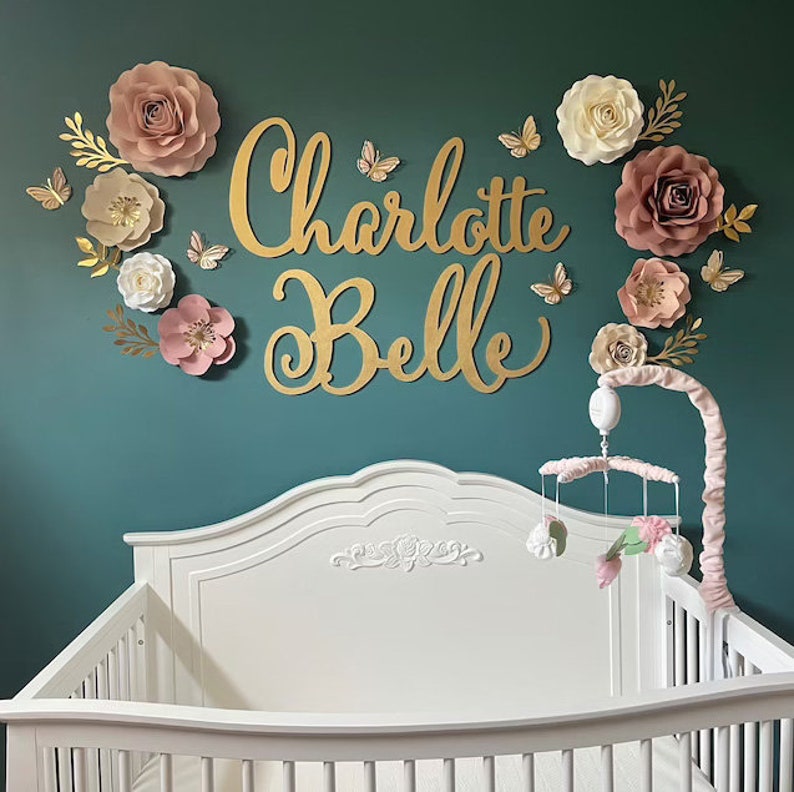 first and middle two name sign for nursery wall decoration above a crib image 1