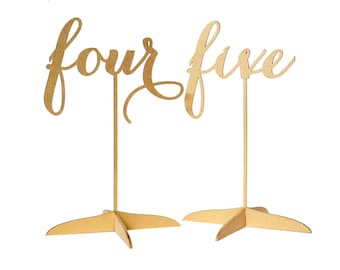Gold Calligraphy Table Numbers with stands, Carolyna Font, 3D Laser Cut
