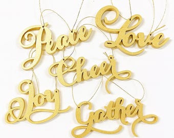Peaceful words ornament set with cheer, Joy, Gather positive affirmations…3D laser cut gold