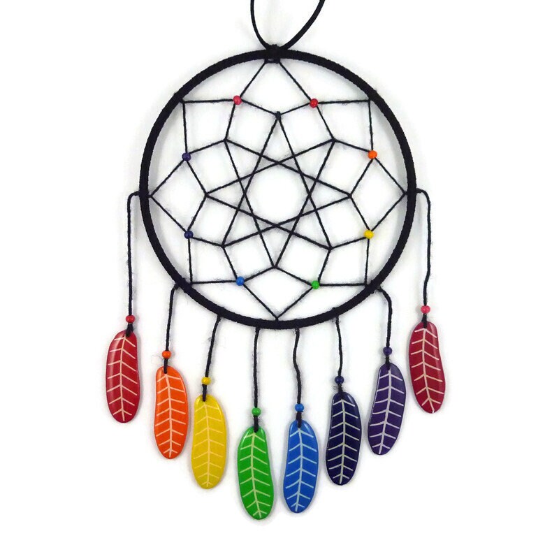 Attrape-Rêve Noir avec Plumes Arc-En-Ciel, Capteur de Rêves Multicolore, Dreamcatcher Moderne et Col