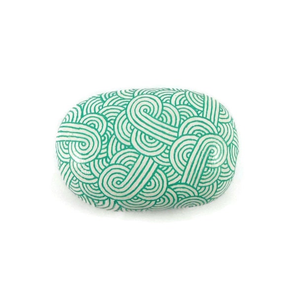 White decorative painted stone with mint green zentangle, white and turquoise green abstract painted pebble, modern and original art object