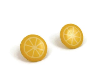 Yellow lemon slices ear studs, fruits ear chips, eco friendly plastic earrings (painted recycled CD), woman gift idea