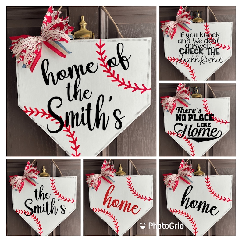 May include: Baseball-themed home decor sign in the shape of a home plate. The white sign features red stitching, a decorative bow, and the text "home of the Smith's". Other signs say "If you knock and we don't answer... CHECK THE ball field" and "There's NO PLACE LIKE Home".