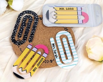 Personalized Teacher Paper Clip Bookmark Set | Jumbo Acrylic Pencil Clips | Teacher Appreciation & End of Year Teacher Gift