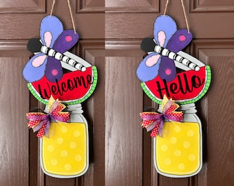 Summer front door sign, wood front door sign, mason jar sign, watermelon door sign, dragonfly, front door decor