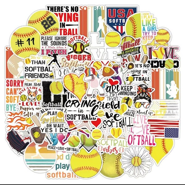 Softball stickers, pack of softball stickers, team softball gifts, softball girls, softball mom, softball sticker lot, 25 stickers