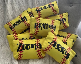 Personalized Softball cosmetic bag, softball team bag, neoprene softball bag, softball team gift, softball mom, softball team accessories