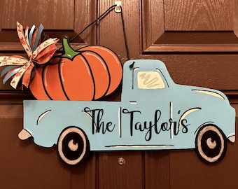 Pumpkin Truck Wood Sign, Front door sign, Fall door sign, Pumpkin door sign, Truck door sign, wood front door fall decor
