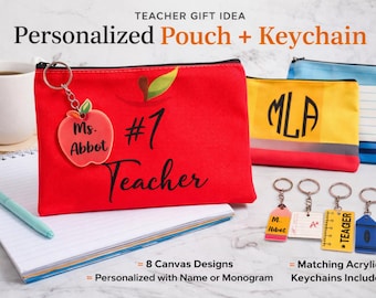 Teacher Gift Canvas Pouch with Matching Acrylic Keychain | Personalized Teacher Zipper Bag | Back to School Teacher Appreciation Gift