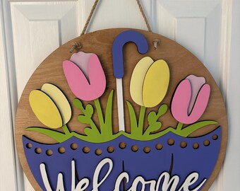Spring Tulip Welcome Door Hanger | 15" Round 3D Layered Wooden Door Sign | Umbrella Front Door Decor |Easter Porch Decor | Housewarming Gift