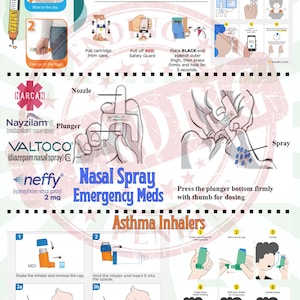 May include: Educational infographic detailing the use of emergency medications, including an epinephrine auto-injector, nasal sprays, and asthma inhalers. Instructions are provided for each device, with diagrams and text labels for clarity. The image includes the brand names of the medications.