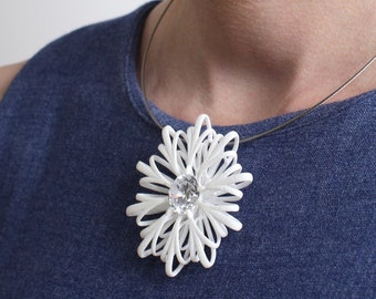 white statement pendant with stone, large flower necklace made of 3D printed nylon in modern design, gift for women