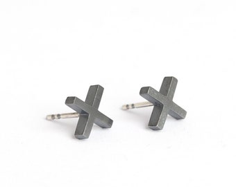 black minimal earrings, cross silver earrings, silver gift for wife, x stud earrings, silver minimal studs, small geometric studs