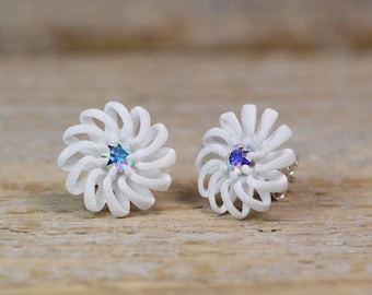 White Floral Earrings, Boho Wedding Earrings with crystal and Sterling Silver Studs, Flower Art Jewelry, Lightweight Studs,