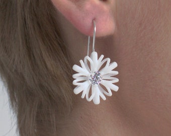 Flower dangle earrings white with stone, statement bridal women earrings for wedding