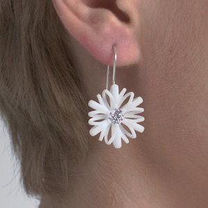Flower dangle earrings white with stone, statement bridal women earrings for wedding
