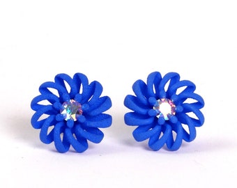blue blossom earrings with crystal, flower jewelry large studs for women as a gift