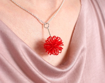 Pendentif pompon rouge, bijoux imprimés 3D, pendentif rouge unique, design paramétrique, déclaration minimaliste