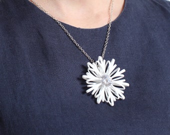 White floral Pendant with zirconia, white large pendant, flower design, big flower necklace, white statement pendant, contemporary jewelry