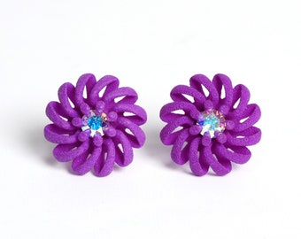 Large stud earrings purple with stone in shape of a flower, modern design jewelry a gift idea