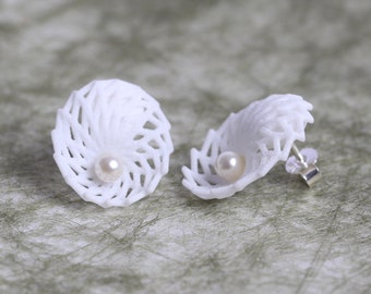 large stud earrings white with pearl architect jewelry, unique gift for her unusual earrings