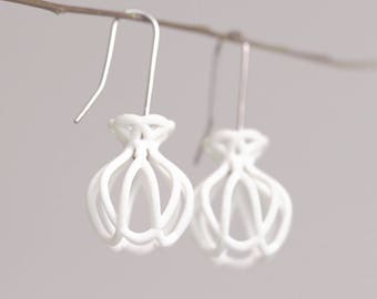 White Flower Earrings with Sterling Silver, Gift for Women, large Earrings white, Flower Dangle white, Modern Jewelry, Floral Design Art