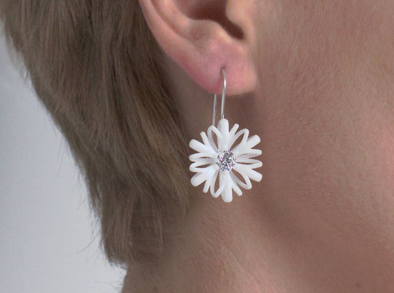 Flower Dangle white, Floral Earrings white, White Statement Earrings, White Bridal Earrings, Christmas Gift for Mom, Modern Art Earrings image 2