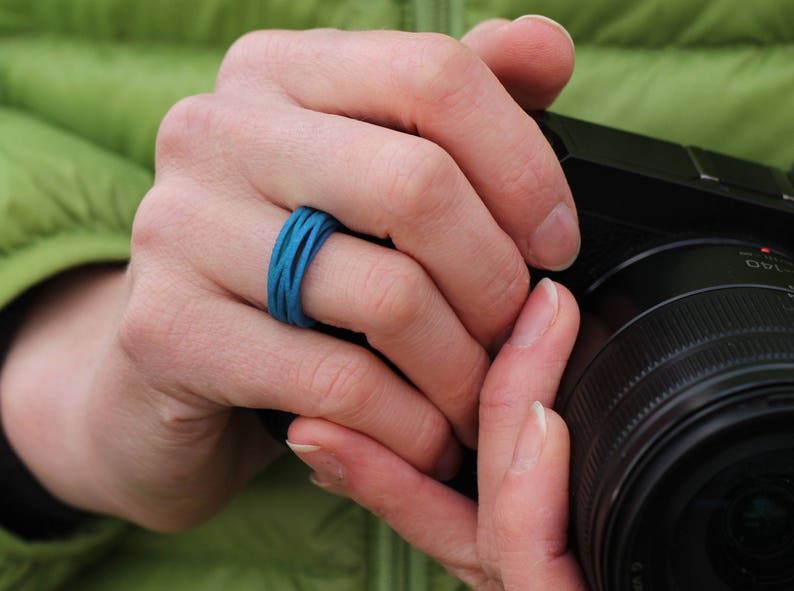 May include: A person's hand wearing a blue silicone ring, holding a black camera with a large lens.