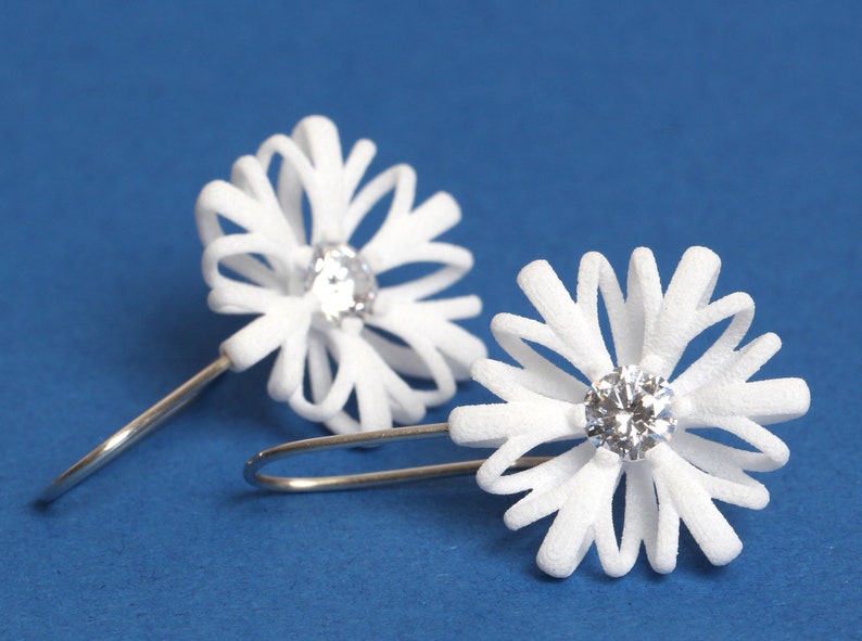 Flower Dangle white, Floral Earrings white, White Statement Earrings, White Bridal Earrings, Christmas Gift for Mom, Modern Art Earrings image 5