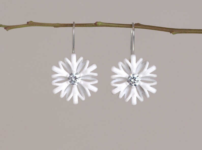 Flower Dangle white, Floral Earrings white, White Statement Earrings, White Bridal Earrings, Christmas Gift for Mom, Modern Art Earrings image 4