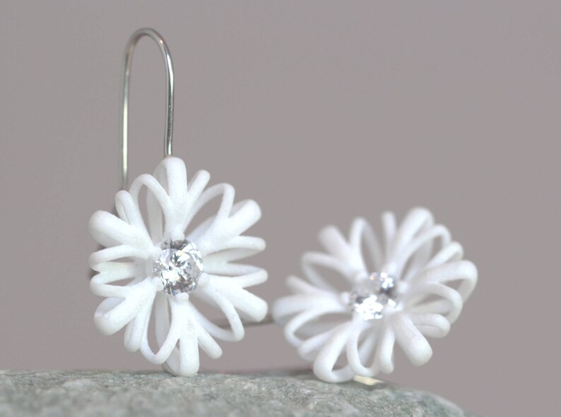 Flower Dangle white, Floral Earrings white, White Statement Earrings, White Bridal Earrings, Christmas Gift for Mom, Modern Art Earrings image 1