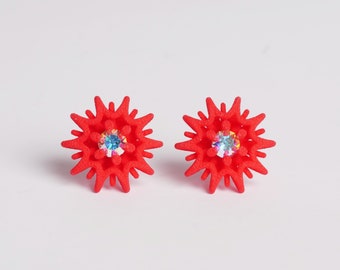 red stud earrings with crystals in geometric design, gift idea for women