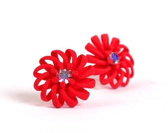 Red Flower Earrings with Stones, Flower Studs, Holiday Gift for Her, Red Stud Earrings, Colorful Earrings, red Post Earrings, Red Studs