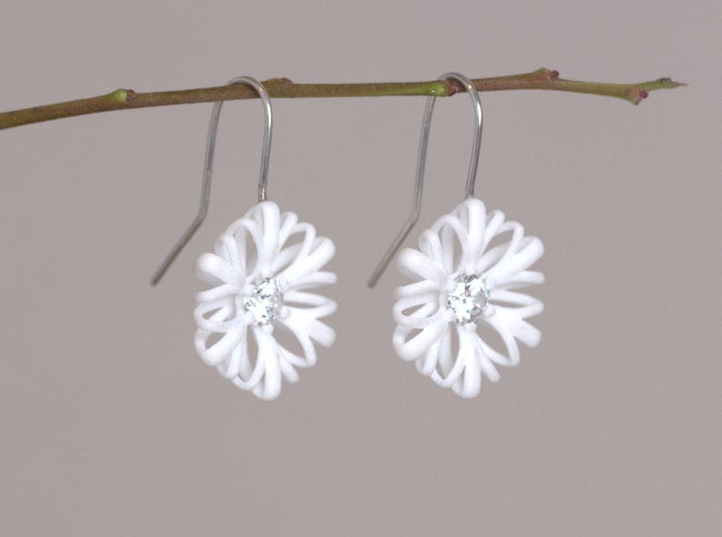 Flower Dangle white, Floral Earrings white, White Statement Earrings, White Bridal Earrings, Christmas Gift for Mom, Modern Art Earrings image 3