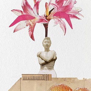 Pink Bloom Collage Art: Floral Mushroom Handmade Collage (8x10)