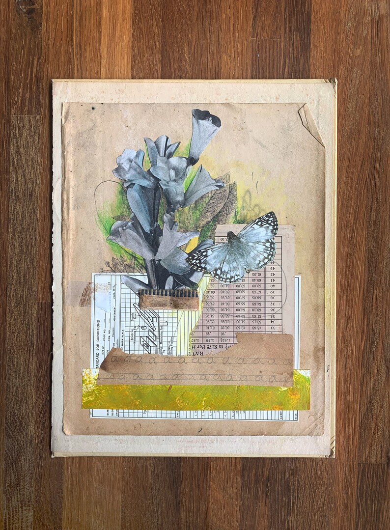 Green Floral Original Collage, Handmade Collage, Collage on Books image 1