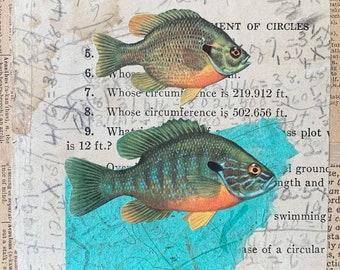 Twee vissen mini collage op paneel, originele collage, kleine kunst