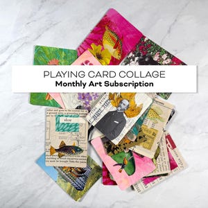 May include: A collection of rectangular playing cards featuring mixed media collages with vintage portraits, botanical illustrations, fish, and text fragments. The cards are layered in a pile, displaying vibrant pinks, greens, and neutrals.